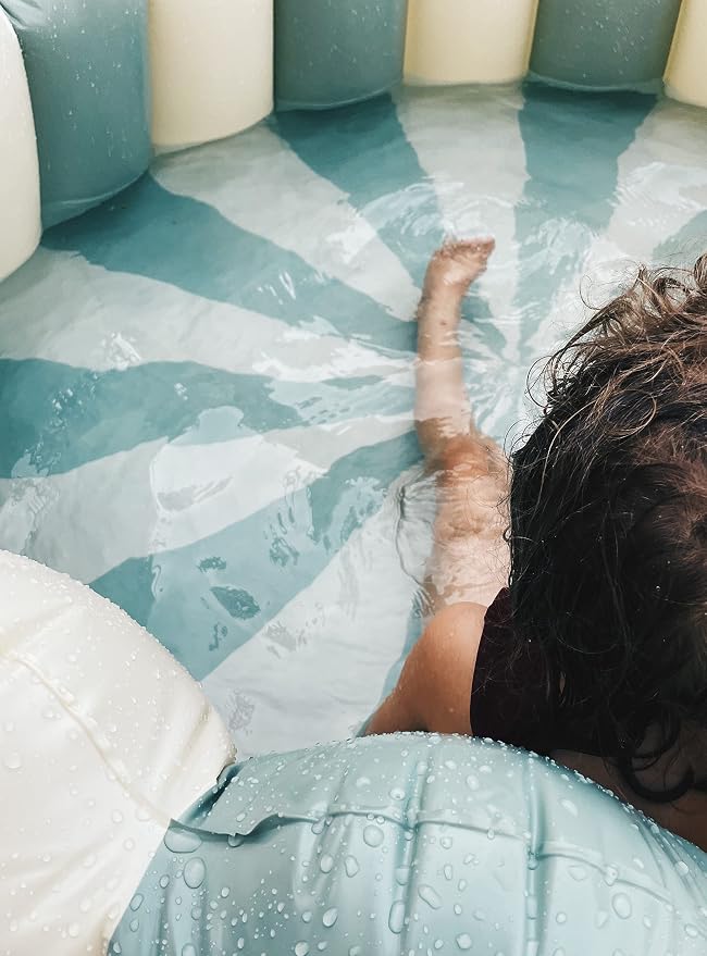 Petites Pommes Striped Blow Up Pool for Toddlers & Kids - Handprinted Classic Foldable Swimming Pools - Durable, BPA-Free PVC Kiddie Pool with Repair Patch & Storage Bag, Dusty Green, 63 x 18 Inch