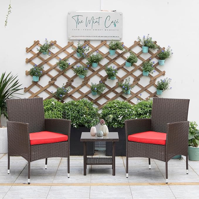 PayLessHere Set of 3 Outdoor Furniture Set Patio Furniture Set Brown Conversation Set with 2 Rattan Chairs Glass Coffee Table for Coffee Bar Poolside Patio Outdoor, Red Cushions