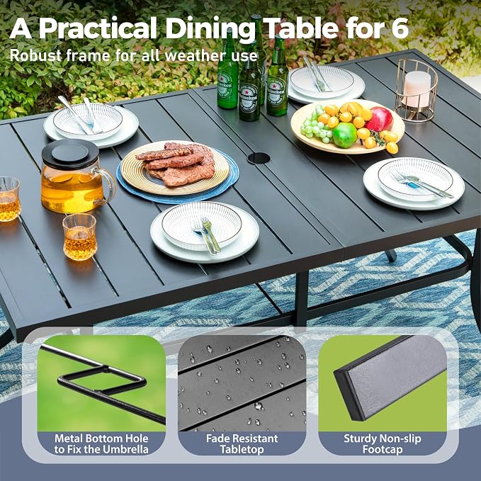 SUNSHINE VALLEY 7 PCS Patio Dining Set for 6, Rectangular Metal Dining Table with Umbrella Hole and 6 Chairs, Outdoor Table and Chairs Set for Lawn Garden Backyard and Deck, Blue