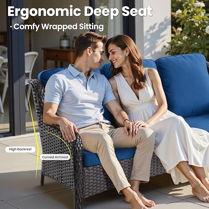 ovios 5-Pieces Patio Furniture Set, Outdoor Wicker Sofa Couch with Chairs Ottomans Comfy Cushions, All Weather High Back Modern Conversation Set, Brown Rattan, Navy Blue