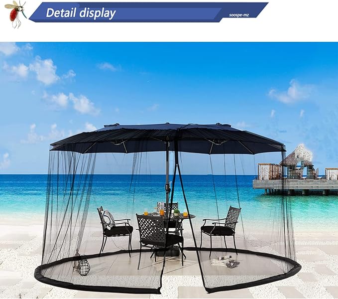 Mosquito Netting For 13/14/15FT Patio Umbrella Double-Sided, Screen Walls Zipper Double Door Black
