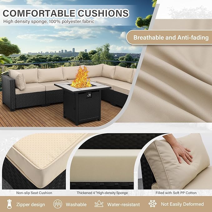 Valita Patio Furniture Set 30 Inches Fire Pit 7-Piece Outdoor Sectional Patio Couch 50000 BTU Steel Propane Fire Pit Table with No-Slip Cushions and Waterproof Cover, Khaki