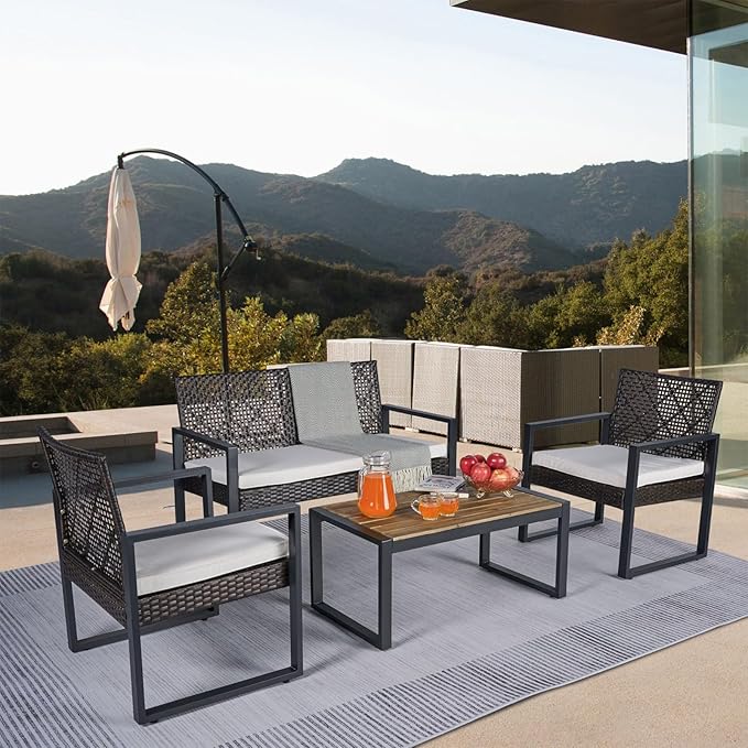 Outdoor Patio Furniture Set, 4 Piece Rattan Wicker Sectional with Loveseat Couch Sofa, Coffee Table and Chairs, Conversation Seating for Balcony, Porch, Deck, Backyard, Muebles de Exterior