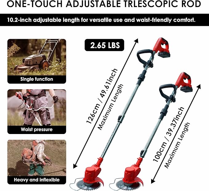Syluris Electric Weed Wacker String Trimmer, Battery Powered Weed Eater with 4 Types of Blades and Upgraded Metal Lid, 2Pcs of Batteries & Wheels（Red）