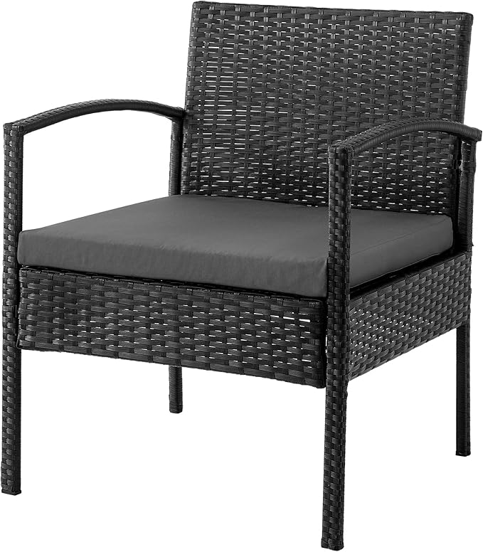 Manhattan Comfort Noli 4-Piece Patio Conversation Set, Outdoor Furniture Made of Steel Rattan | Includes 2 Modern Armchairs, Loveseat, Tempered Glass Coffee Table, Removable Waterproof Cushions, Grey