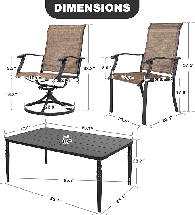 NUU GARDEN 7-Piece Outdoor Metal Dining Set, Patio Dining Table Set with 2 Textilene Swivel Chairs and 4 Textilene Chairs, Patio Furniture Set for Patio, Deck, Garden, Backyard, Balcony, Black&Brown