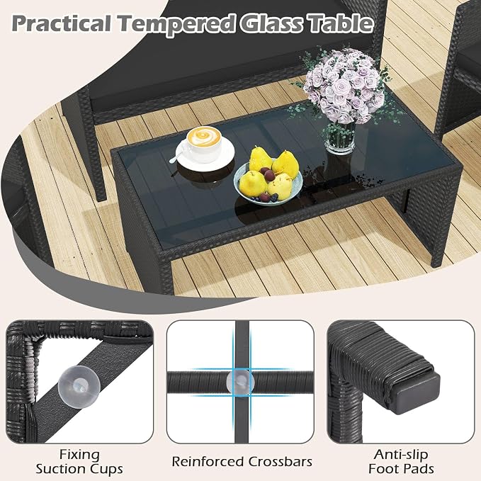 RELAX4LIFE 8-Piece Patio Furniture Set - Wicker Rattan Outdoor Sectional Sofa Set w/Glass Coffee Table, Loveseat, Chairs & Soft Cushions, Bistro Conversation for Garden Porch (2, Black-Black)
