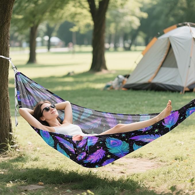 Camping Hammock Outdoor Hammocks for Outside Holographic Purple Feather Beach Trees Portable Lightweight with Pockets Tree Straps Indoor Small