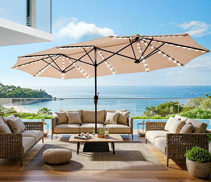 SUPERJARE 13ft Outdoor Patio Umbrella with Solar Lights, Double-sided Deck Pool Umbrella with 1.5 Inch Pole, Fade Resistant Canopy, 12 Sturdy Ribs, for Porch, Market, Backyard, Beige (No Base)