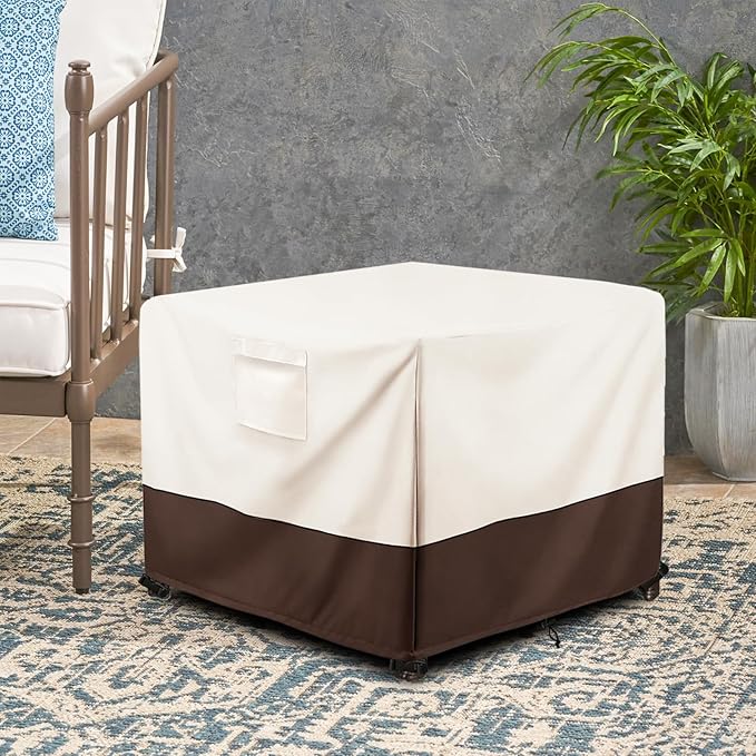 Patio Ottoman Cover Waterproof Patio Wicker Side Table Cover, 25W x 25D x 18H Inches Outdoor Lawn Patio Furniture Covers, Beige