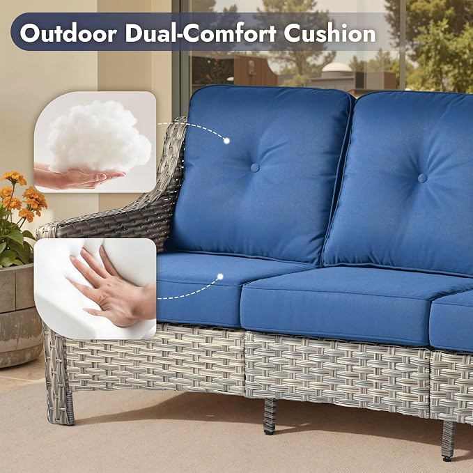 6 PCS Patio Furniture Set, Deep Seat High Back Outdoor Conversation Set with Ottomans, Wicker Outside Furniture with Solar Light Coffee Table for Porch Backyard Balcony, Sunroom, Navy Blue