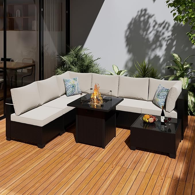 8 Pcs Patio Furniture Set with Fire Pit Table Wicker Outdoor Sectional Sofa, Conversation Set Perfect for Backyard, Garden, Deck (Coffee/Beige)