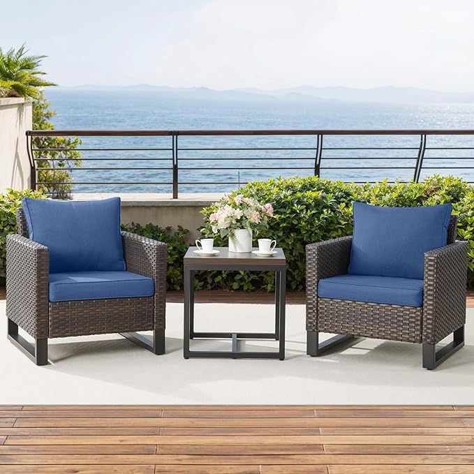 Rilyson Wicker Outdoor Patio Chairs Set - 3 Piece Rattan Patio Furniture Bistro Chairs Set with Waterproof Wicker,Comfortable Cushions and Sturdy Metal Frame for Porch Deck Backyard(Brown/Blue)
