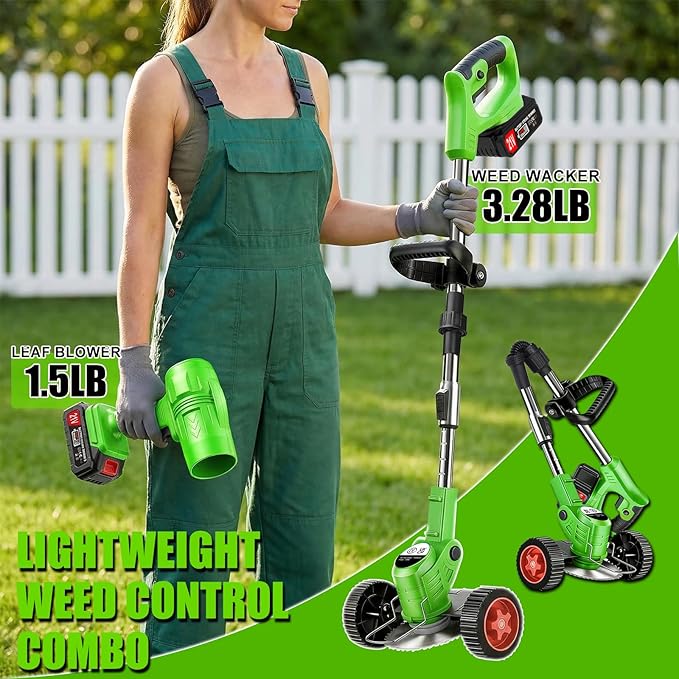 Cordless Weed Wacker Eater Battery Powered 21V Lightweight Electric Weed Trimmer with 2 Battery Operated Leaf Blower Weed Storage Bag, Stringless Grass Trimmer/Brush Cutter/Lawn Edger for Yard Garden