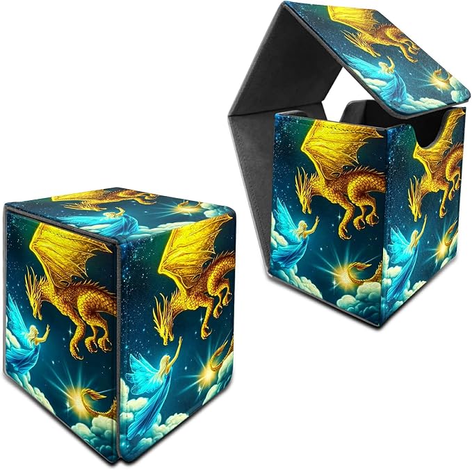 Deck Box for MTG, Cards Storage Box Fits 120+ Sleeved, Leather Medium Size Strong Magnetic Closing Card Case for Board Games Magic TCG CCG Baseball Collection, Yellow Dragon Girl