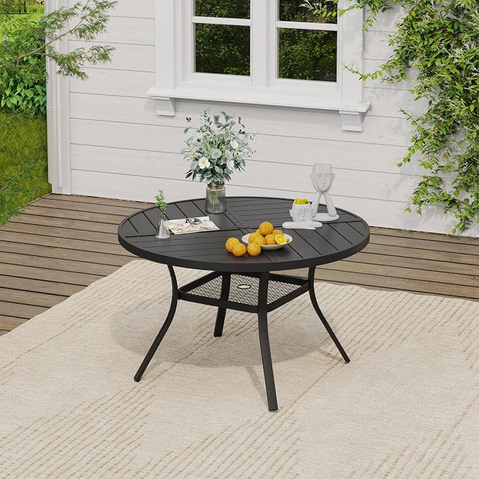 VICLLAX 5 Pieces Patio Dining Set, Patio Furniture Set of 4 Patio Swivel Dining Chairs and 40.6" Patio Spliced Round Tabletop with Storage Shelf, Navy Blue Chairs & Black Tabletop