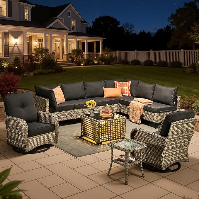 10 Pieces Outdoor Sectional Patio Furniture Set with Swivel Rocking Chairs,Wicker Conversation Sets Rattan L Shaped Couch,Modular Outdoor Sofa for Porch Balcony Backyard Black