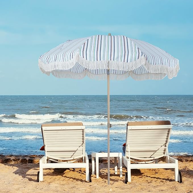 Tempera 7ft Boho Beach & Patio Umbrella with Fringe, Market Umbrellas with UPF 50+ UV & Water-Resistant Canopy, 1.5" Wood Pole & Button Tilt.