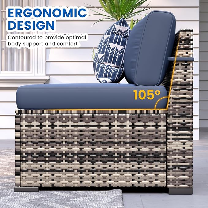 8-Piece Patio Furniture Set with 44” Fire Pit Table - All-Weather Wicker Conversation Sectional Sofa & Coffee Table with Thickened Cushions for Backyard, Garden(Navy Blue)
