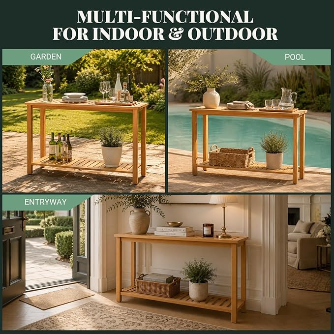Premium 2-Tier Wooden Console Table with Storage Shelf Solid Eucalyptus Wood 48.03"x 16.14"x 31.1" Entryway Sofa Table for Hallway, Living Room (Golden)