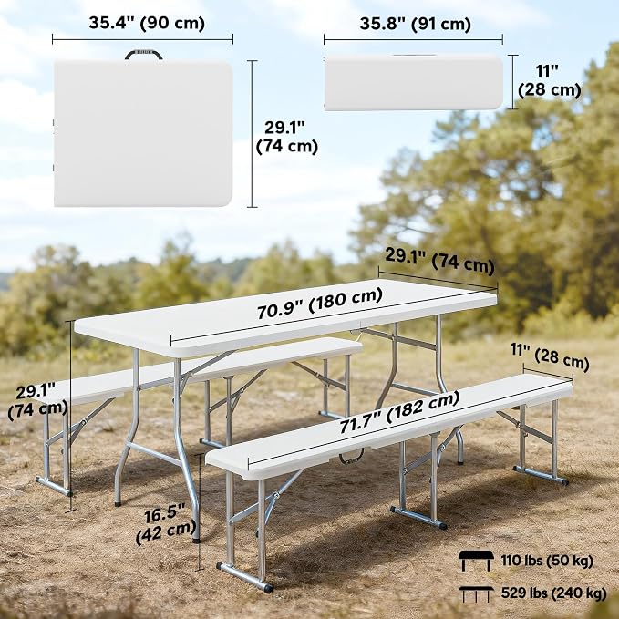 Outsunny 6FT 3-Piece Portable Picnic Table Bench Set, Folding Camping Table and Chairs with Carrying Handles for Indoor Outdoor Use, Camping, BBQ, Party, Event, White