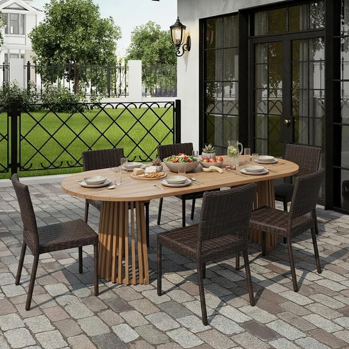 Christopher Knight Home Farley Acacia Wood Outdoor Dining Set for 6, 7 Piece Patio Dining Table and Chair Set, Faux Rattan Outdoor Dining Chair and Table Set, Brown