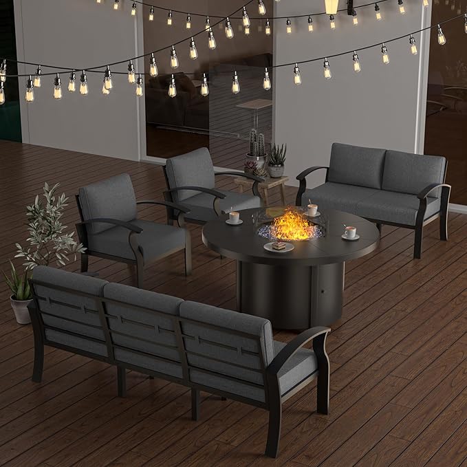 ALAULM Aluminum Patio Furniture Set with Round Propane Fire Pit Table 7-seat Metal Outdoor Furniture w/5.1" Cushions Patio Sectional Sofas for Porch, Lawn, Poolside（Grey