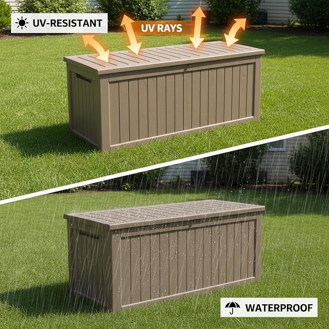 269 Gallon Large Outdoor Storage Box, Waterproof Deck Box with Lockable Lid, Resin Outside Storage Box for Patio Furniture, Pool Accessories, Garden Tools, Storage Bench for Backyard, Porch, Coffee