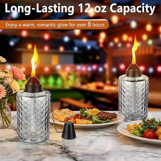 Table Torch Canister 4 Pack, 12oz Glass Citronella Torches Outdoor Lighting, Refillable Tabletop Torch Includes Wick & Cap for Outside Patio & Backyard Parties Décor (Black)
