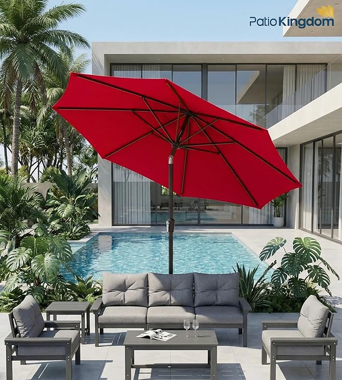 PatioKingdom 9FT Patio Outdoor Umbrella-UPF 50+ Sun Shade with Wind Vent, Push-Button Tilt & Smooth Crank Lift, Rust-Resistant Fiberglass Frame for Garden, Backyard,Yard (Red)