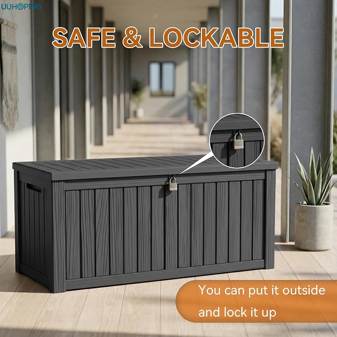 ROJIK Outdoor Storage Box – 150 Gallon Mobile Waterproof Resin Deck Box, Lockable Storage for Patio Cushions, Garden Tools, Pool Accessories – UV-Resistant Storage Bench for Backyard & Deck(Black)