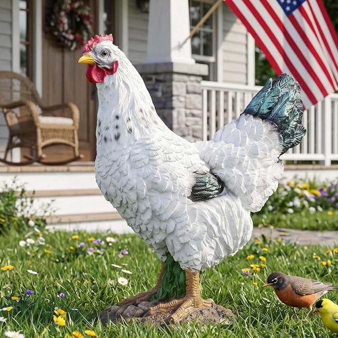 13.4" Realistic Chicken Yard Art - Rustic Outdoor Chicken Statues, Funny Farm Sculpture, Garden Chicken Decor, Fence Decoration, Hand-Painted Resin Figurines for Patio & Backyard