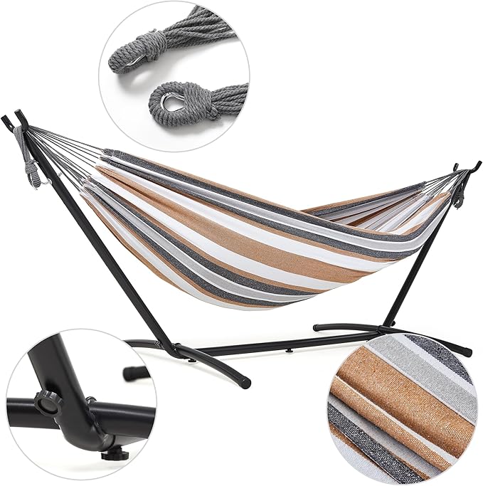 Mondeer Hammock with Stand, Double Fabric Camping Hammock with Metal Frame Carrying Bag up to 200kg for Camping Travel Patio Outdoor Garden, Yellow brown