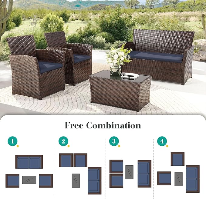 4 Piece Outdoor Patio Furniture Set, All-Weather Wicker Conversation Sets Include Coffee Table, Armchair, Loveseat, Sectional Furniture for Indoor Outdoor Backyard Pool Garden (Brown & Blue)