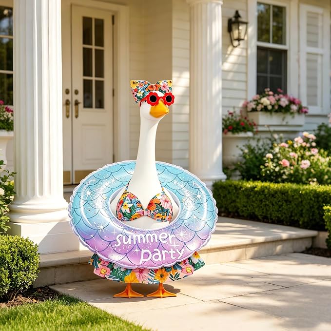 Porch Goose Summer Outfit, 23 Inch Hawaiian Bikini Costume, Accessories Include Bow, Sunglasses & Swim Ring, Fits Cement Goose Statue for Garden Patio Yard Outdoor Decor (Tropical Floral)