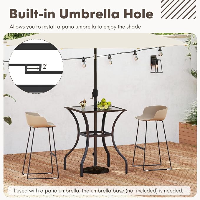 Tangkula Bistro Bar Table, 28.5" Square Bar Height Bistro Table w/ 2" Umbrella Hole, Silkscreen Glass Tabletop & Rattan Edge, Heavy-Duty Metal Legs, Outdoor Patio Bar Table for Poolside, Backyard