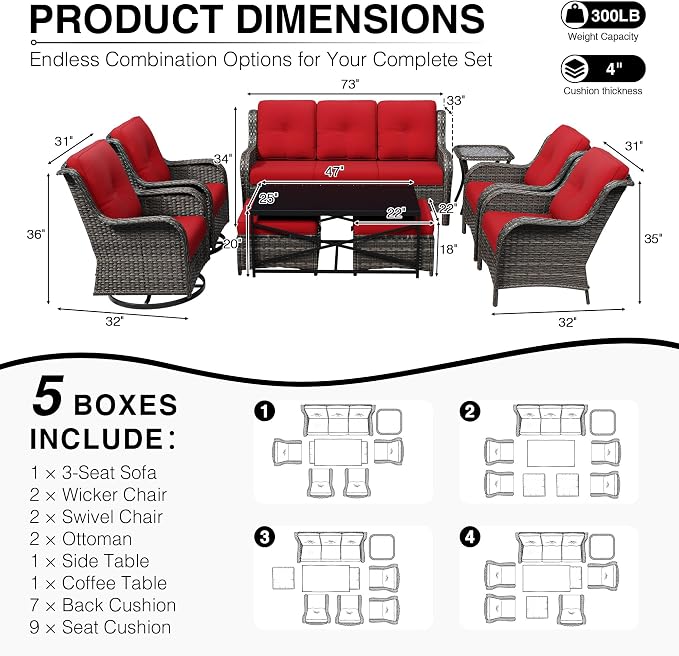 Joyside 9 Piece Wicker Patio Furniture Set, Outdoor Swivel Rocker Patio Chairs with High Back, Deep Seating, Wide Armrest, Thickened Cushions, Outdoor Furniture for Deck, Porch Use