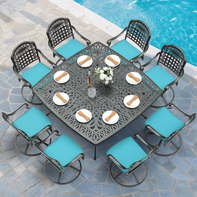 MEETWARM 9-Piece Outdoor Patio Dining Set, All Weather Cast Aluminum Patio Funiture Table and Chairs Set- Large 64" Square Table, 8 Cushioned Swivel Rocker Chairs for Garden, Umbrella Hole, Ocean Blue