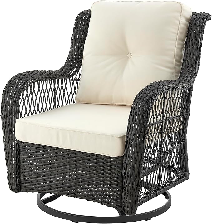 Manhattan Comfort Fruttuo 3-Piece Patio Conversation Set, Swivel Steel Rattan Chairs with Removable Cushions & Tempered Glass End Table, Weather-Resistant Outdoor Furniture for Backyard & Porch, Cream