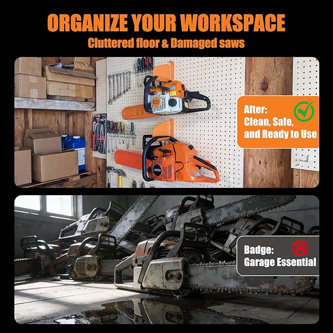 Chainsaw Hanger Holder – 304 Stainless Steel Wall Mount Bracket, Heavy Gauge, Powder-Coated Orange, Fits Stihl 009 011 200T 201T 024 026 360 362 044 660 661, Poulan, Poulan Pro, Husqvarna