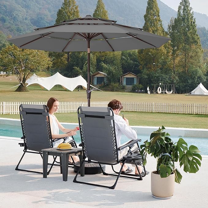 JEAREY 9FT 3 Tier Patio Umbrella Outdoor Market Umbrella Table Umbrellas with 8 Ribs 1.5 Pole Push Button Tilt and Crank UV Protection for Garden,Backyard,Gray