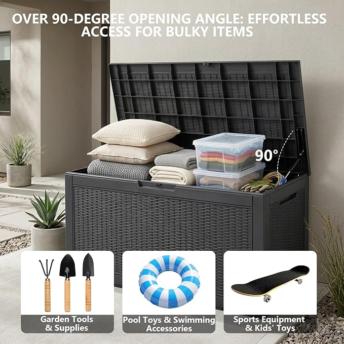 Outdoor Storage Box, 110 Gallon Waterproof Deck Box [Upgraded 3.0], Auto-Open Gas Struts Resin Organizer for Lounger Pillows, Secure Lockable Backyard Storage Bench, Poolside Deck, Black