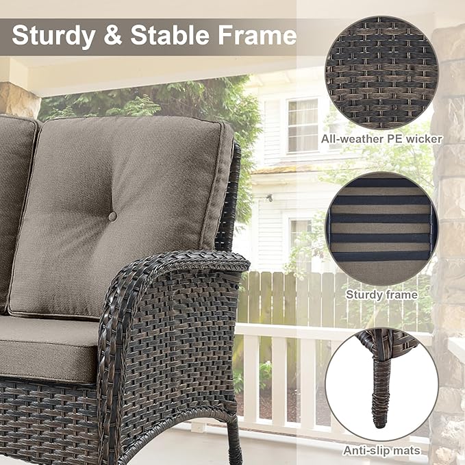 Belord 5-Piece Patio Furniture - Outdoor Conversation with Deep Seating Swivel Rocker Chairs Loveseat and Rattan Coffee Table, Brown with Gray Cushion