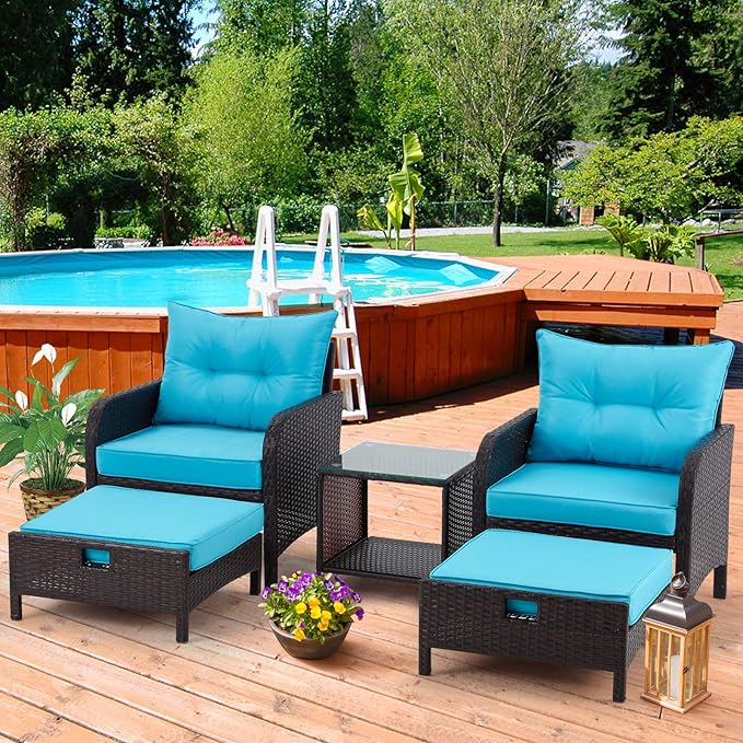 AVAWING 5 Pieces Patio Furniture Set, Outdoor Rattan Chairs with Tempered Glass Coffee Table, Ottomans & Soft Cushions, Wicker Conversation Bistro Set for Garden, Porch, Deck, Balcony (Blue)