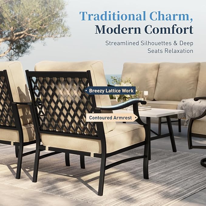 SUNSHINE VALLEY Patio Furniture Set with Firepit Table, 4 Piece Metal Outdoor Patio Furniture, 2 Rocking Chairs and 3 Seater Sofa with 5.75" Extra Thick Cushion and Gas Firepit Table for Backyard Deck