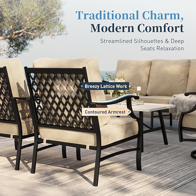 SUNSHINE VALLEY Patio Furniture Set with Firepit Table, 4 Piece Metal Outdoor Patio Furniture, 2 Swivel Chairs and 3 Seater Sofa with 5.75" Extra Thick Cushion and Gas Fire Pit Table for Backyard Deck