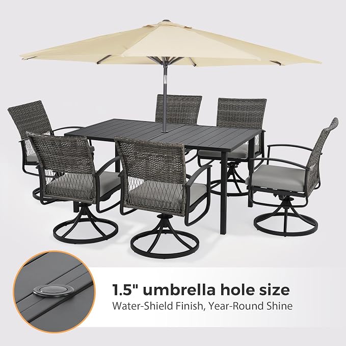 HAPPATIO 7-Piece Patio Dining Set with Wicker Swivel Patio Chairs | Outdoor Dining Set, Powder-Coated Rectangular Dining Table with Umbrella Hole, Removable Cushions for Outside Lawn, Garden,