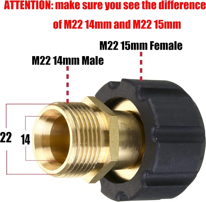 M MINGLE Pressure Washer Adapter, Metric M22 15mm Female Thread to M22 14mm Male Fitting, 4500 PSI