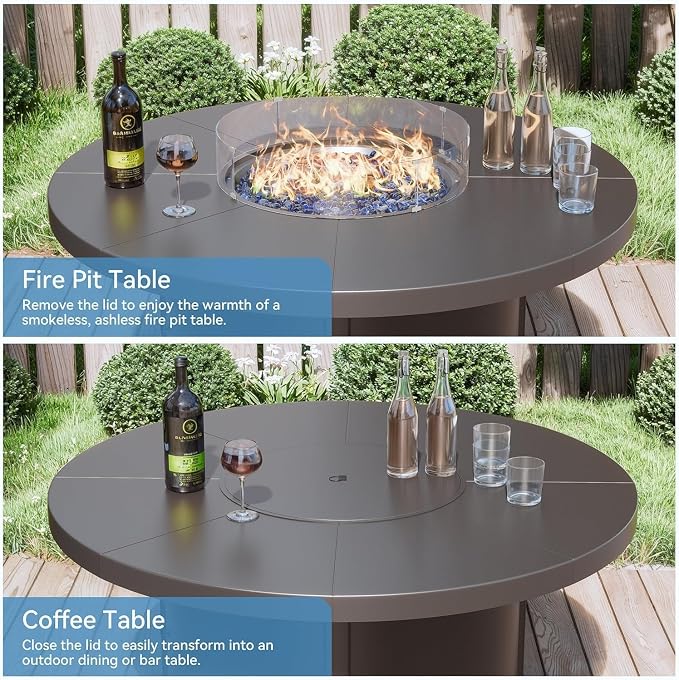 Kullavik 7 Piece Metal Outdoor Patio Furniture Set with Fire Pit Table,Outdoor Dining Table Set with 4 Fixed Chairs,2 Swivel Chairs and 55000 BTU Outdoor Round Fire Pit,Sand