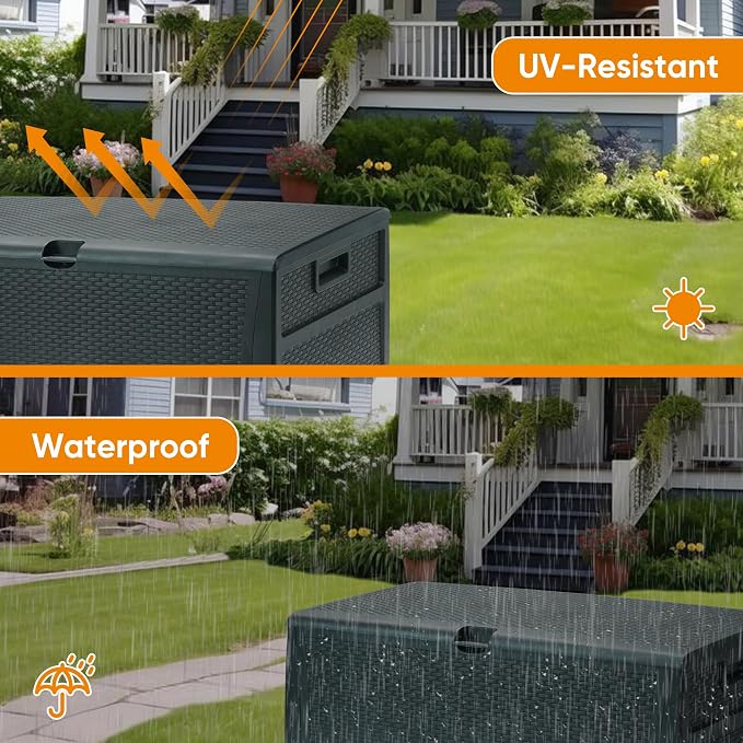 ZYJOYY 100 Gallon Resin Deck Box Waterproof Outdoor Storage Box and Patio Furniture Side Table for Pool Accessories, Gardening Tools, Outdoor Indoor Cushions, Lockable, UV Resistant